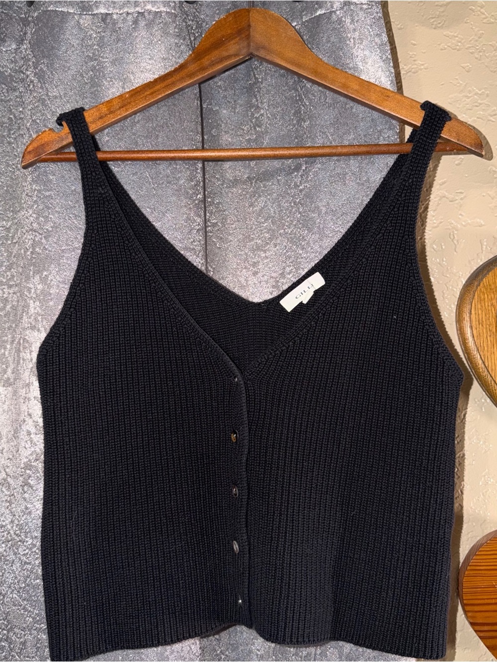 Gilli Black Button Front Ribbed Knit Sweater Tank Top